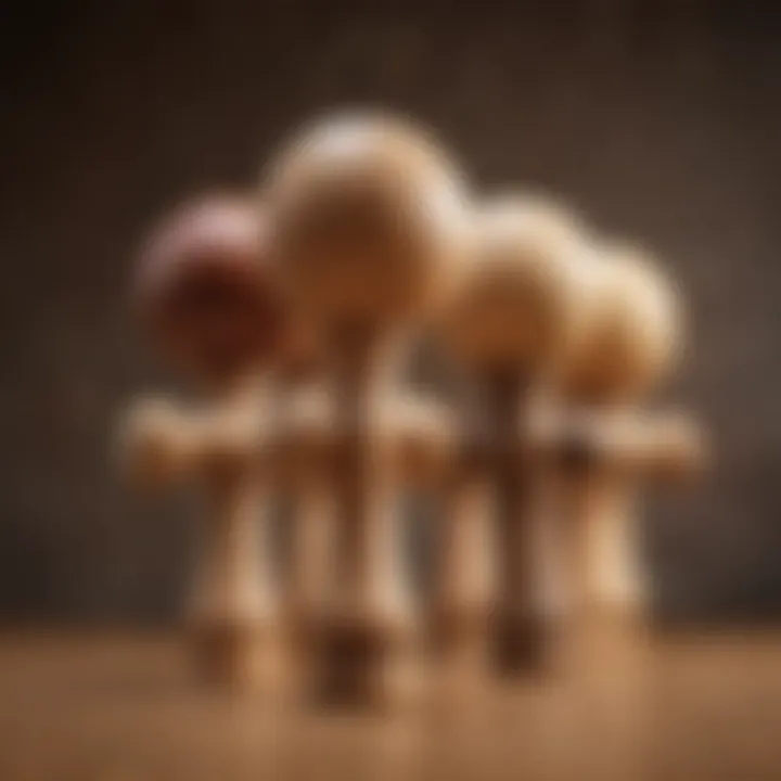 An array of kendama varieties displayed together, illustrating different styles.