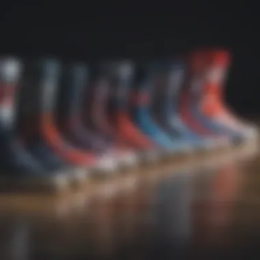 Diversity of Styles in Skate Culture An array of Adidas six pair socks displaying various colors and patterns, representing style in skate culture.