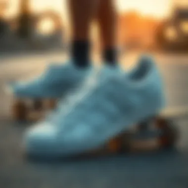 Adidas Superstars and Skateboarding Culture A pair of adidas Superstars resting on a skateboard, emphasizing their skateboarding appeal