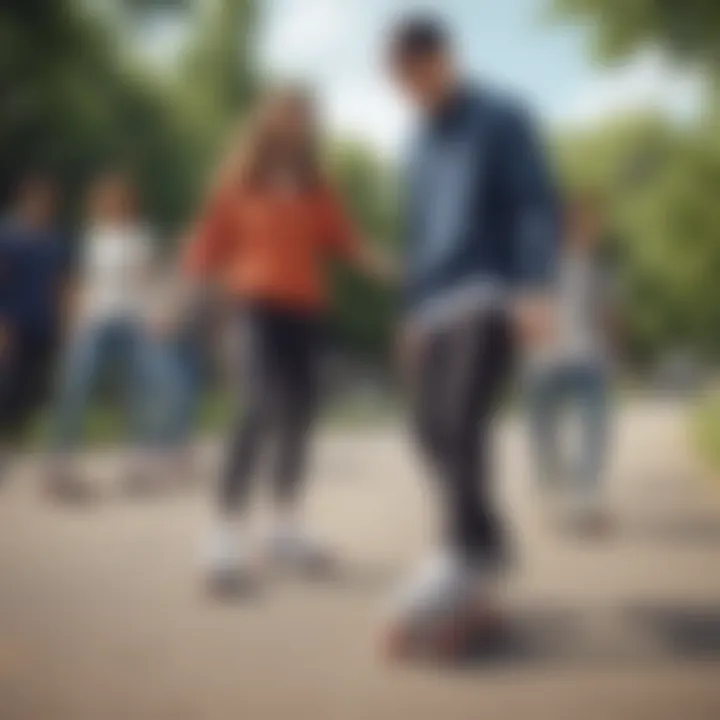 A group of adults enjoying leisure time while wearing Heelys in a park