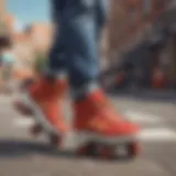 A stylish pair of adult Heelys showcased on a vibrant urban backdrop