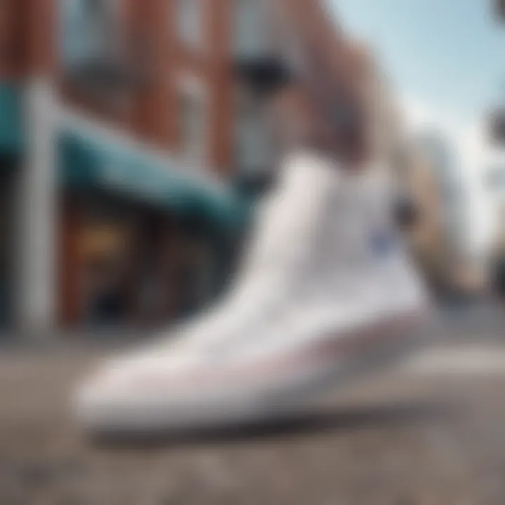 Group of all-white Converse shoes displayed against a vibrant urban backdrop