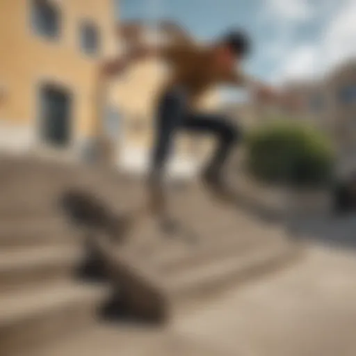 A skater performing a kickflip over a set of stairs showcasing skill and technique.