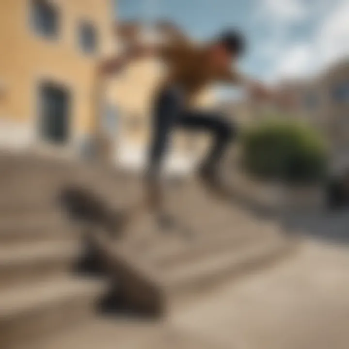 A skater performing a kickflip over a set of stairs showcasing skill and technique.