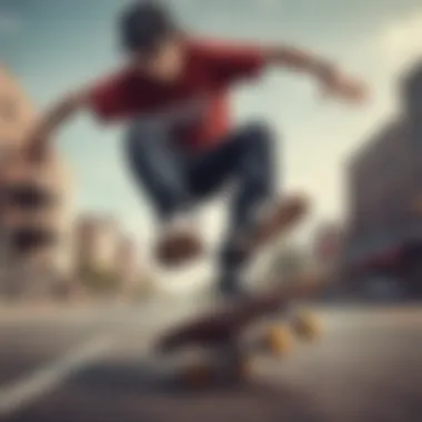 An artistic representation of various skateboard tricks illustrated in a dynamic style.