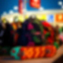 A vibrant collection of backpacks tailored for skateboard enthusiasts, showcasing various designs and colors.