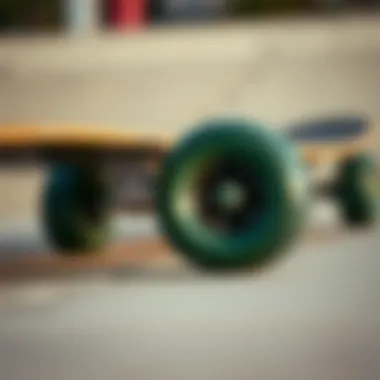 Focus on Skateboard Quality and Performance A close-up of skateboard wheels on a smooth surface, highlighting quality and performance