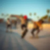 A vibrant skateboarding scene at a California skatepark featuring diverse skaters in action