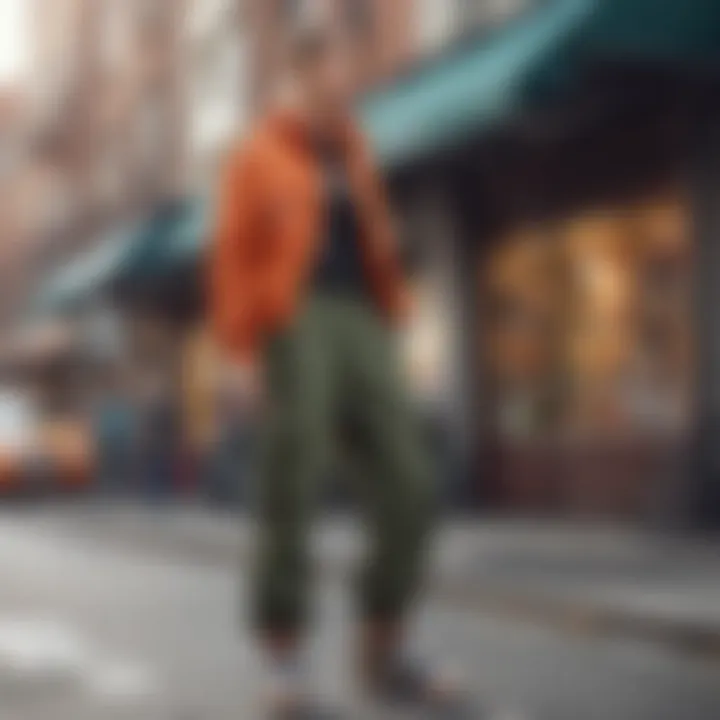 A vibrant street scene depicting individuals in big baggy cargo pants