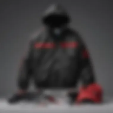 Stylish arrangement of the black Adidas jacket with red stripes and skateboarding accessories