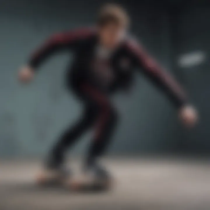 Skateboarder wearing the black Adidas jacket with red stripes in action