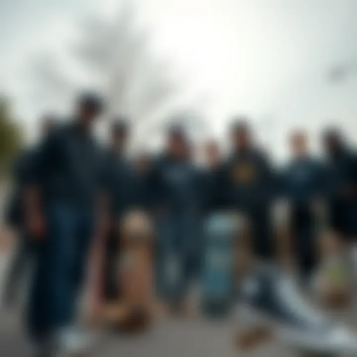 A group of skateboarders gathered, all in black canvas Chuck Taylors.