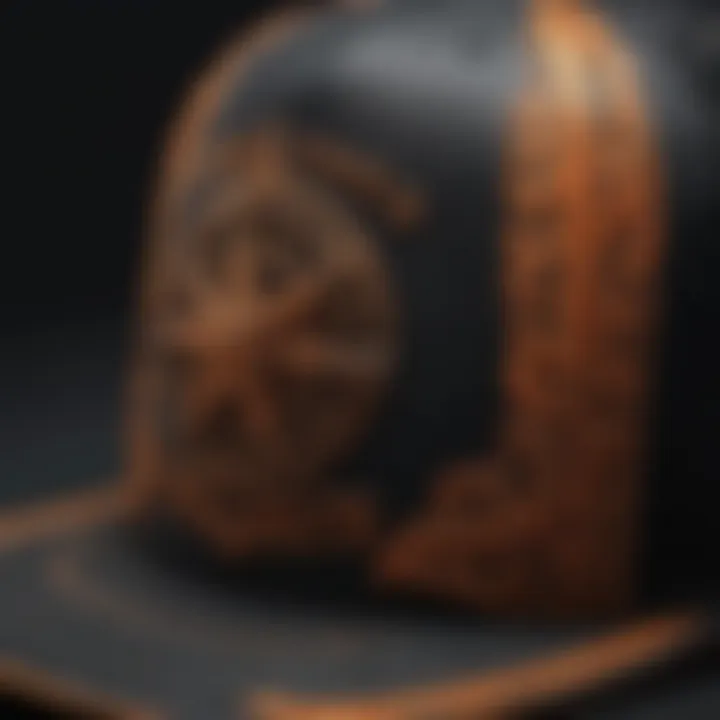 Close-up of the intricate design on a black and orange trucker hat