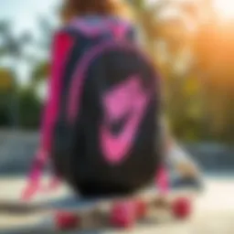 Stylish black and pink Nike backpack on a skateboard