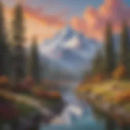 A vibrant Bob Ross landscape painting with happy little trees and mountains