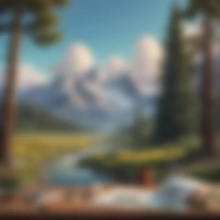 A vibrant landscape painted by Bob Ross, featuring happy trees and serene mountains