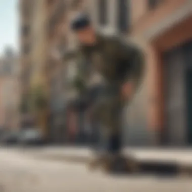 Skateboarder with Camo Pack in Urban Setting Skateboarder using a camo pack in an urban setting