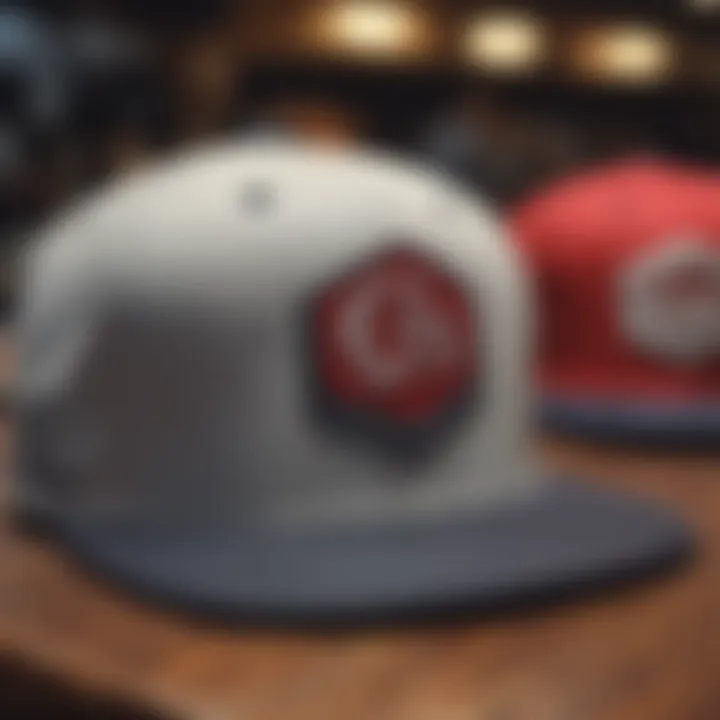 A collection of customized Champion twill hats displayed creatively.