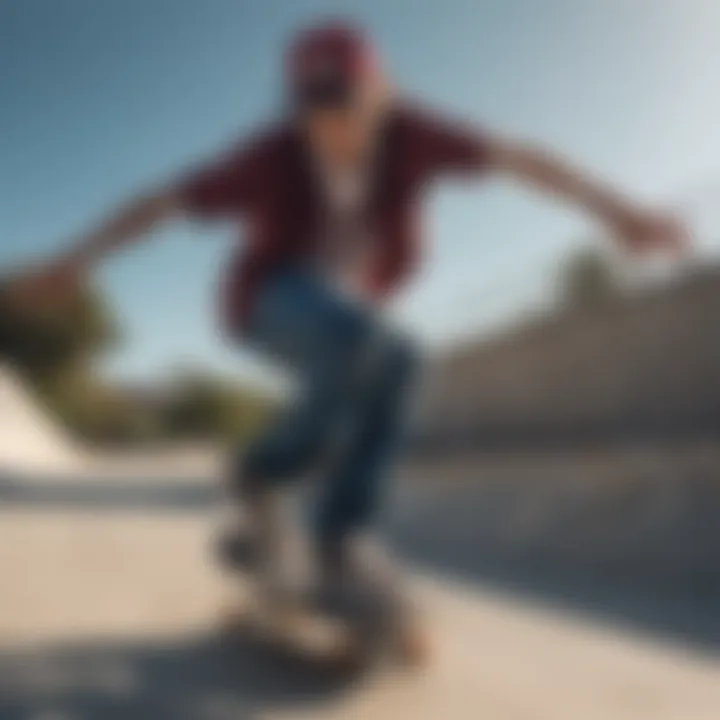 Skateboarder wearing a Champion twill hat while performing tricks at a skate park.