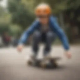 A young child learning to skateboard on a safe, smooth surface