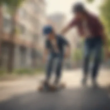 A parent assisting their child while skateboarding