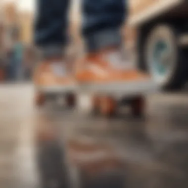 A close-up of a skater's feet on a skateboard, highlighting personalized Vans in action.