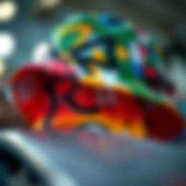 Close-up of a colorful bucket hat with skate culture elements