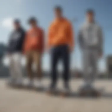 A group of skateboarders wearing various styles of Nike sweatpants