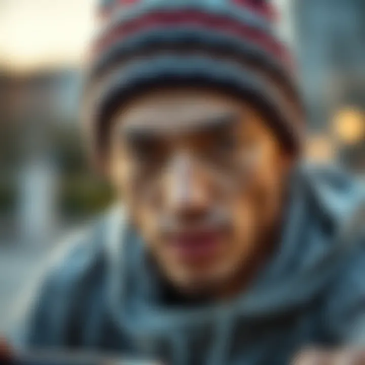 Close-up of a skateboarder wearing a fashionable beanie