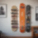 A stylish wall-mounted skateboard rack showcasing multiple boards in a modern living space