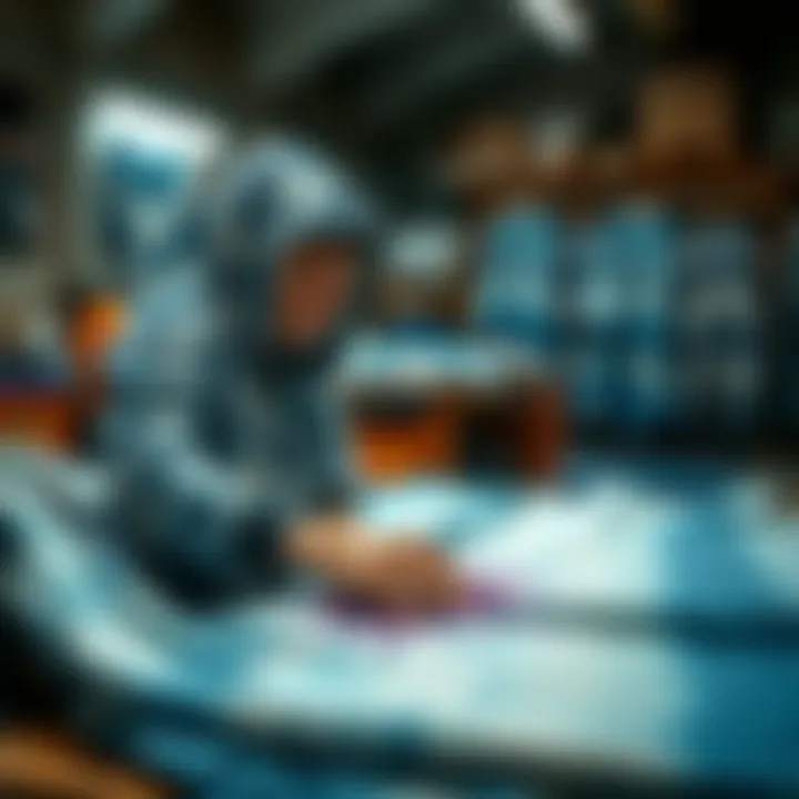 A craftsman hand-dyeing fabric for blue hoodies.