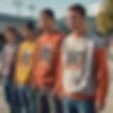 A group of skateboarders wearing colorful crew neck sweatshirts at a skate park.