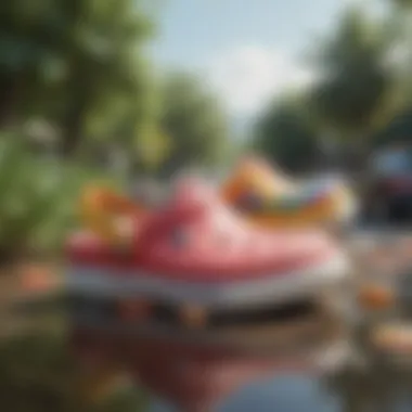 The Playful Nature of Crocs Footwear A stylish arrangement of colorful Crocs in an outdoor setting, reflecting casual and playful fashion.