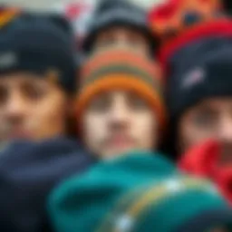 A close-up of a variety of beanie styles popular in skateboarding culture.