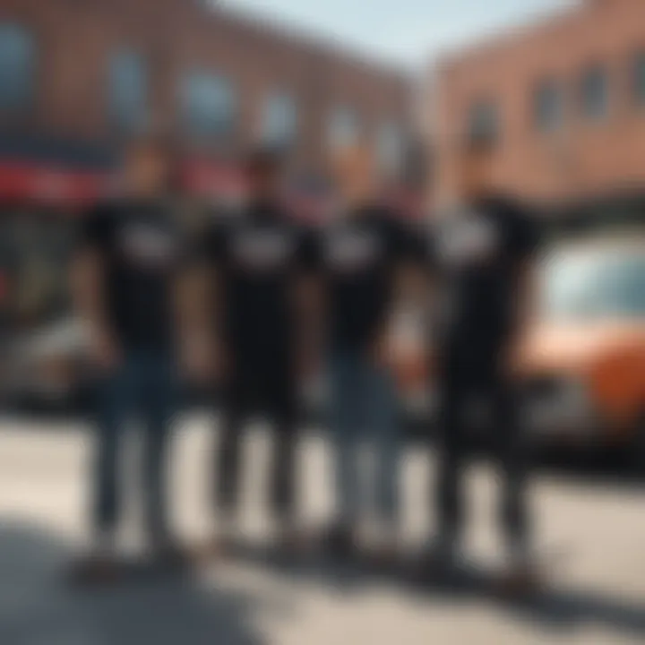 Group of skaters hanging out in an urban setting, all wearing Dickies black t-shirts