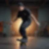 Skater performing a trick wearing a Dickies black t-shirt