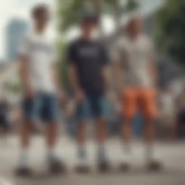 Group of skateboarders wearing trendy shorts