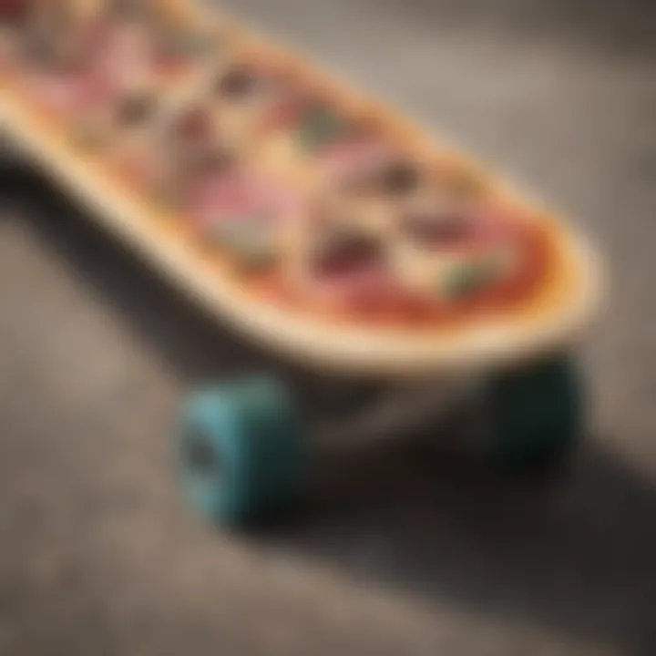 Close-up view of pizza grip tape on a skateboard