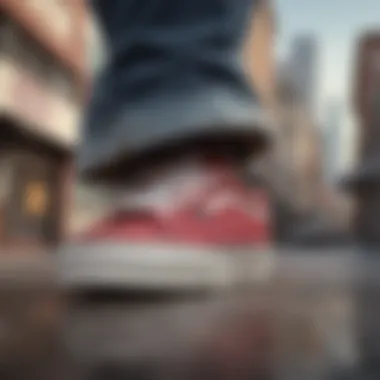 Close-up of Vans footwear and a fedora against an urban backdrop.