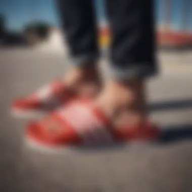 Adidas Adilette Slides styled in a skateboard setting