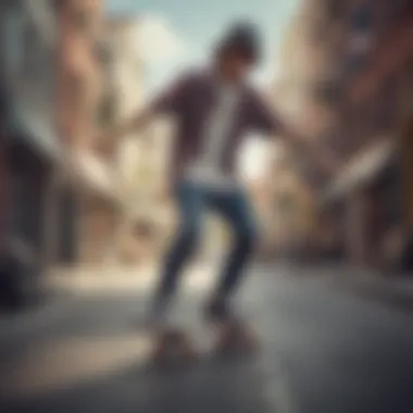 A skateboarder wearing a trendy shirt while riding