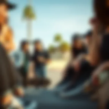 A group of female skaters discussing their favorite footwear.