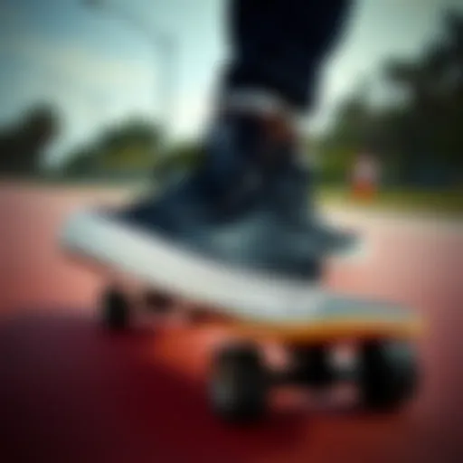 A stylish pair of all black high top Vans on a skateboard.