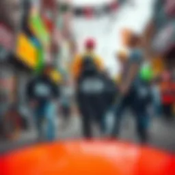 A vibrant street scene showcasing Allin Clothing's signature designs