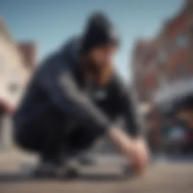 A skateboarder wearing the black Neff beanie in an urban setting