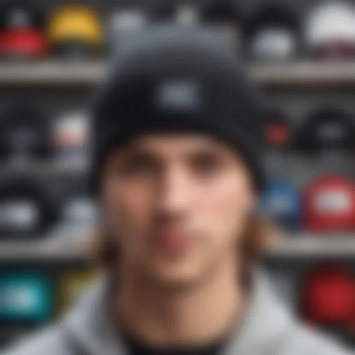 Various styling options for the black Neff beanie displayed on a flat surface