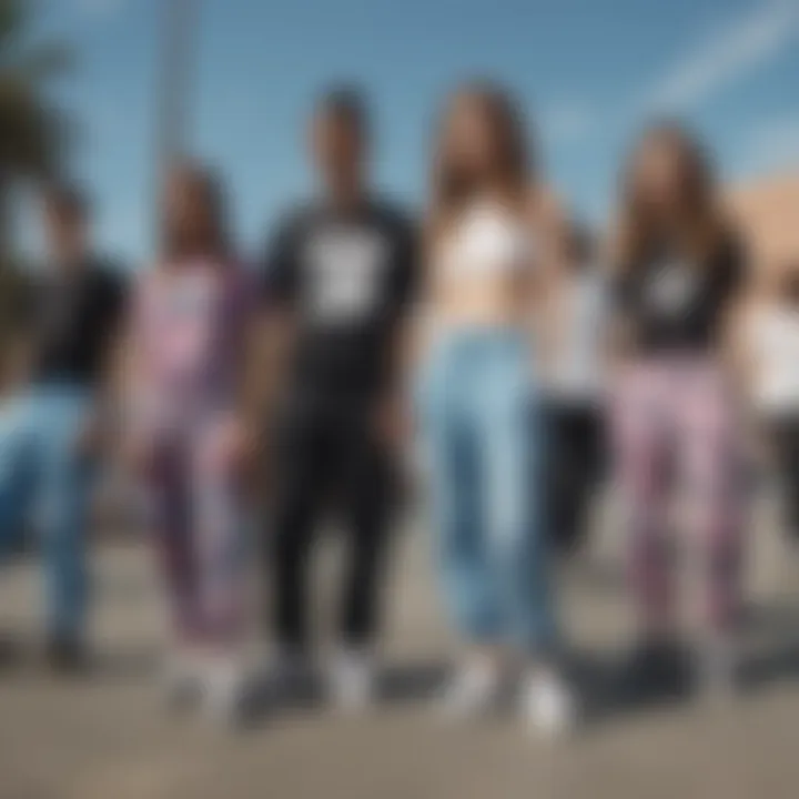 Group of skaters in a skate park, all sporting tie dye sweatpants