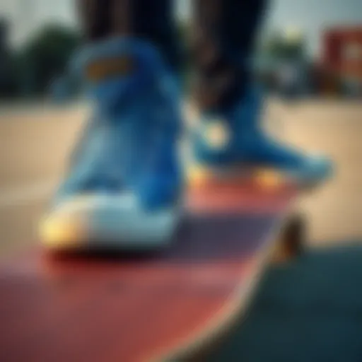 Close-up of blue chucks on skateboard