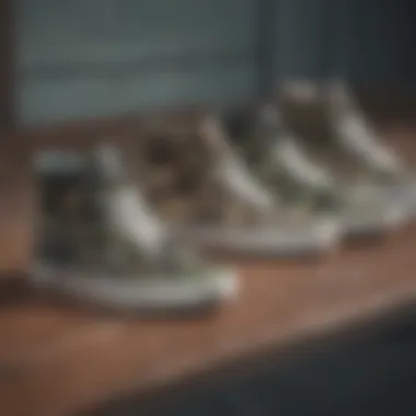 A collection of different camo Vans socks laid out on a skateboard