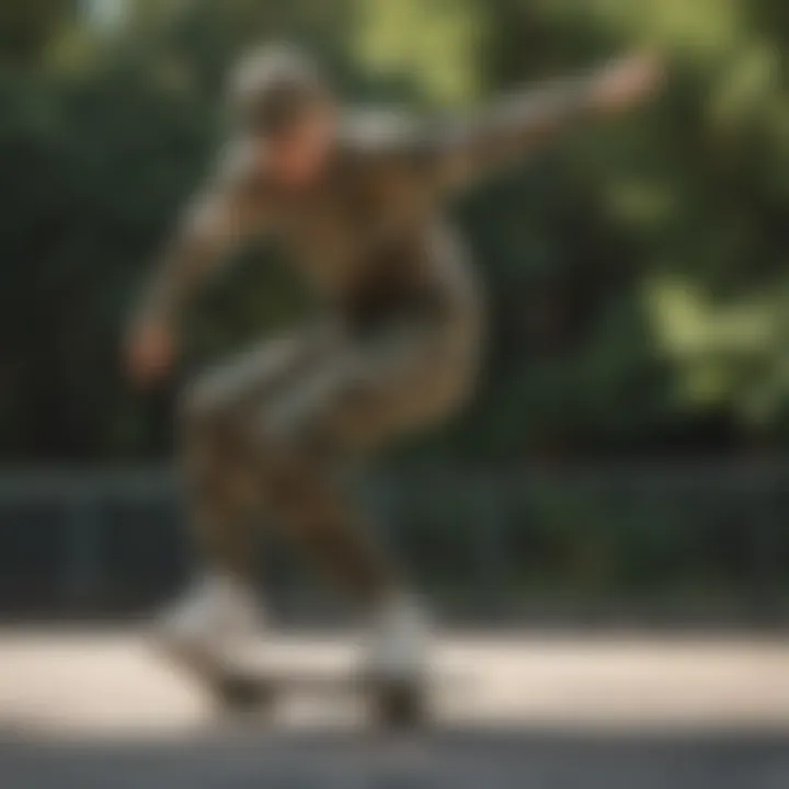 Skater performing tricks in camouflage Dickies